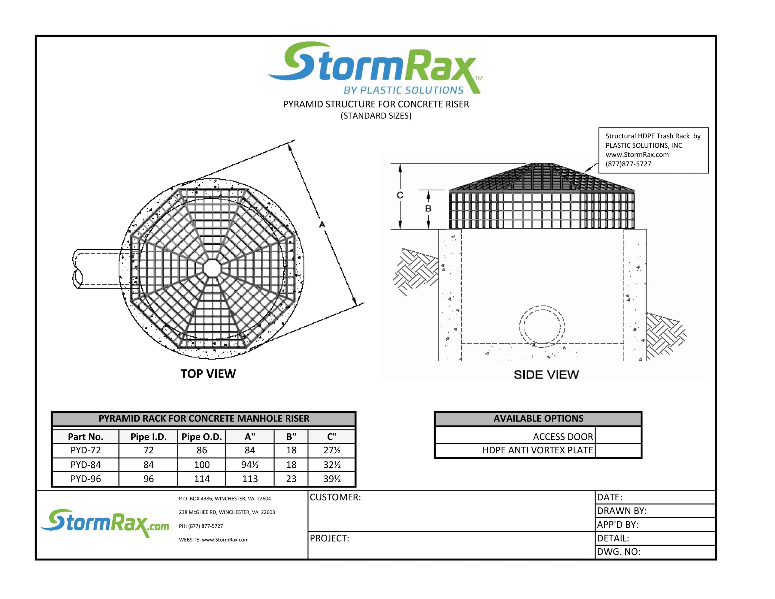 Technical drawing for stormrax pyramid rack for concrete riser