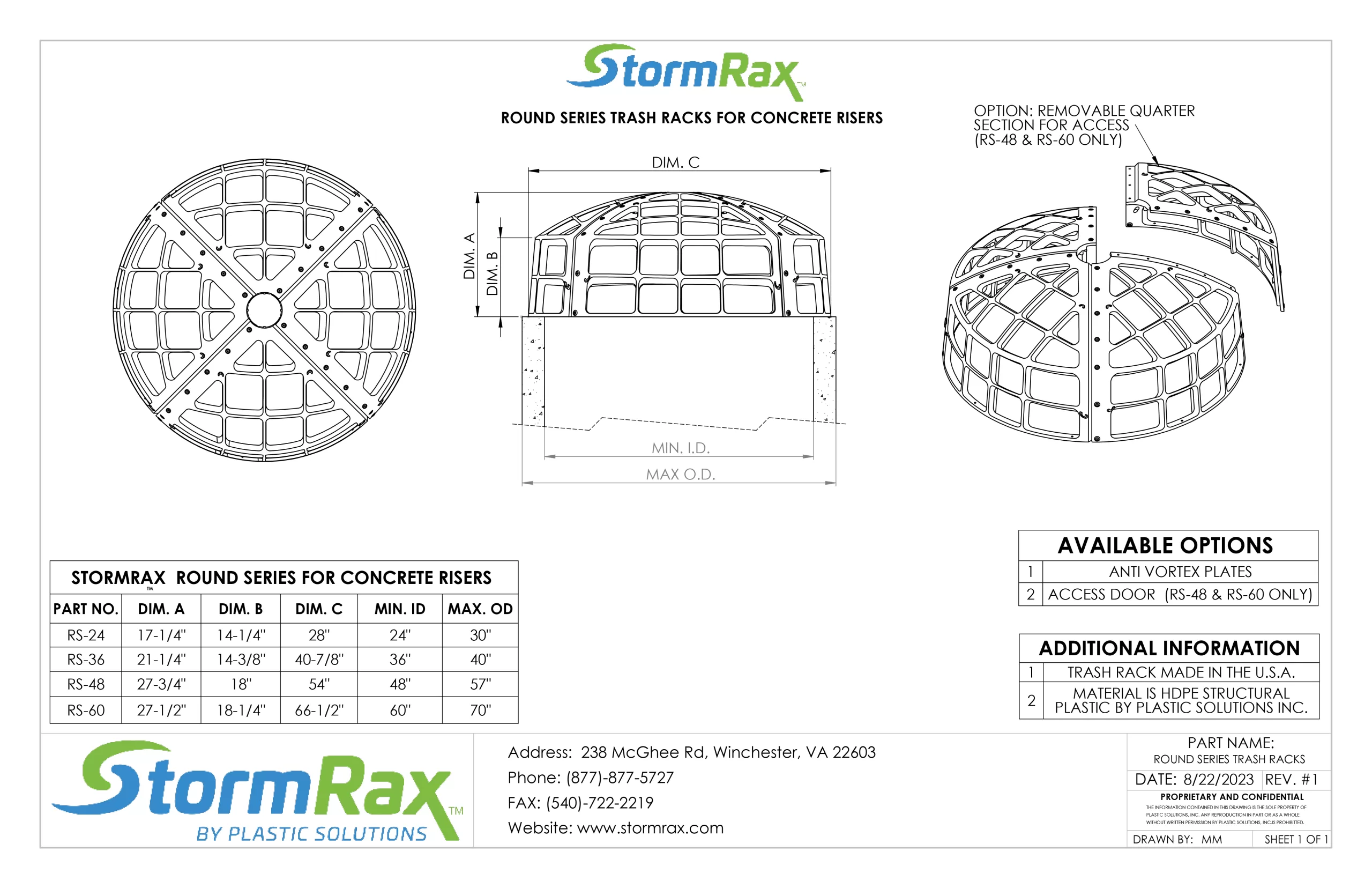 Technical drawing for stormrax round series trash racks
